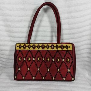 GORGEOUS 100% SILK BEADED PURSE J. LANE RED HANDBAG YELLOW Vietnam 12"x7"